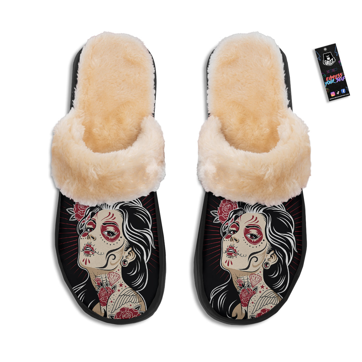 Day of The Dead Calavera Girl Print Slippers-grizzshop