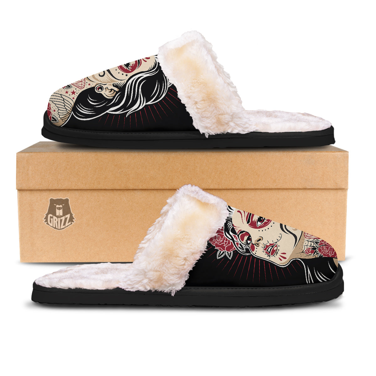 Day of The Dead Calavera Girl Print Slippers-grizzshop