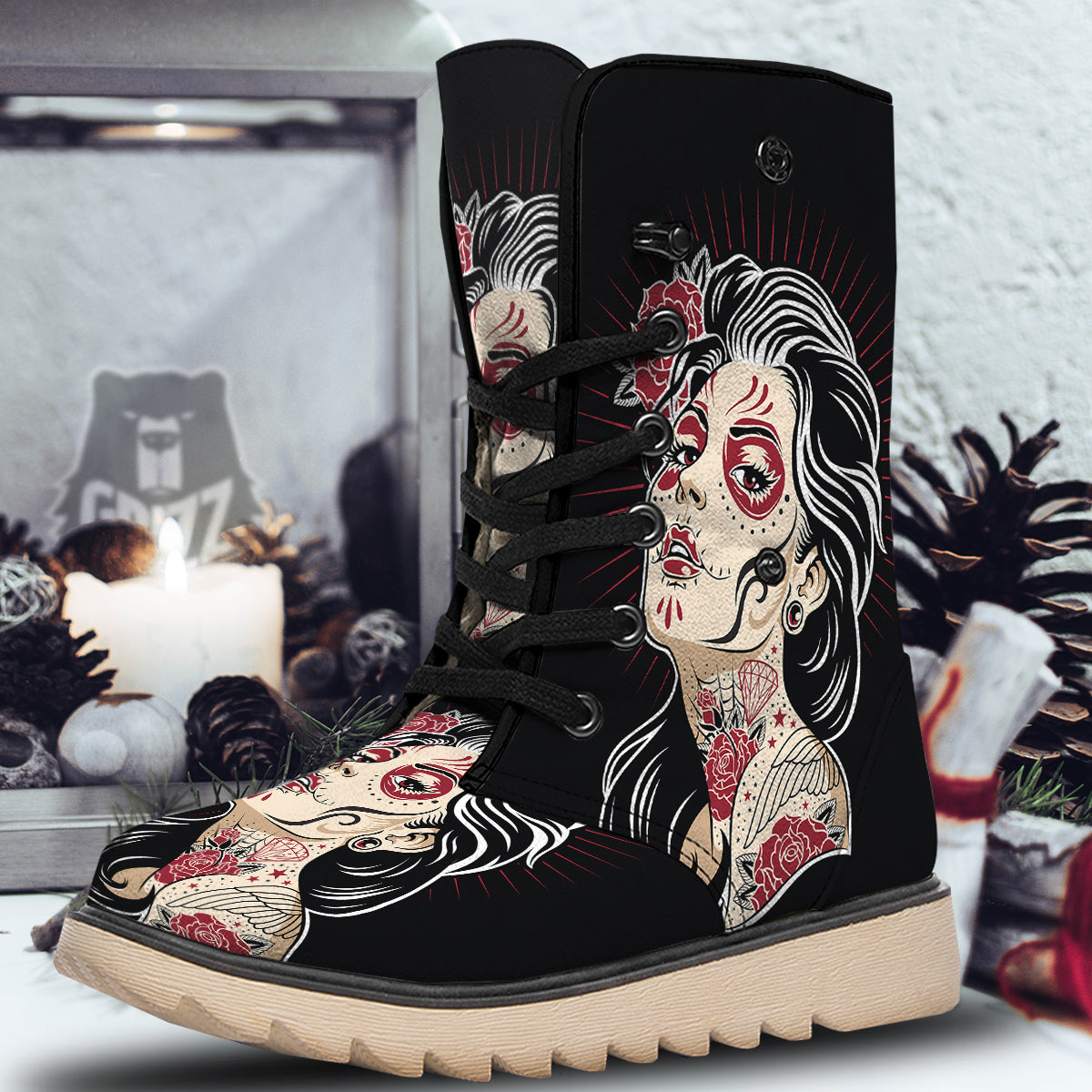 Day of The Dead Calavera Girl Print Snow Boots-grizzshop