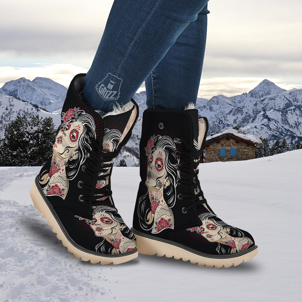 Day of The Dead Calavera Girl Print Snow Boots-grizzshop
