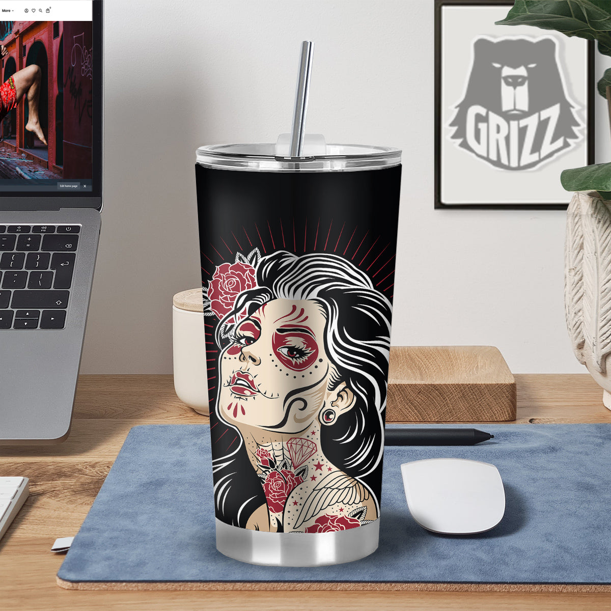 Day of The Dead Calavera Girl Print Tumbler-grizzshop