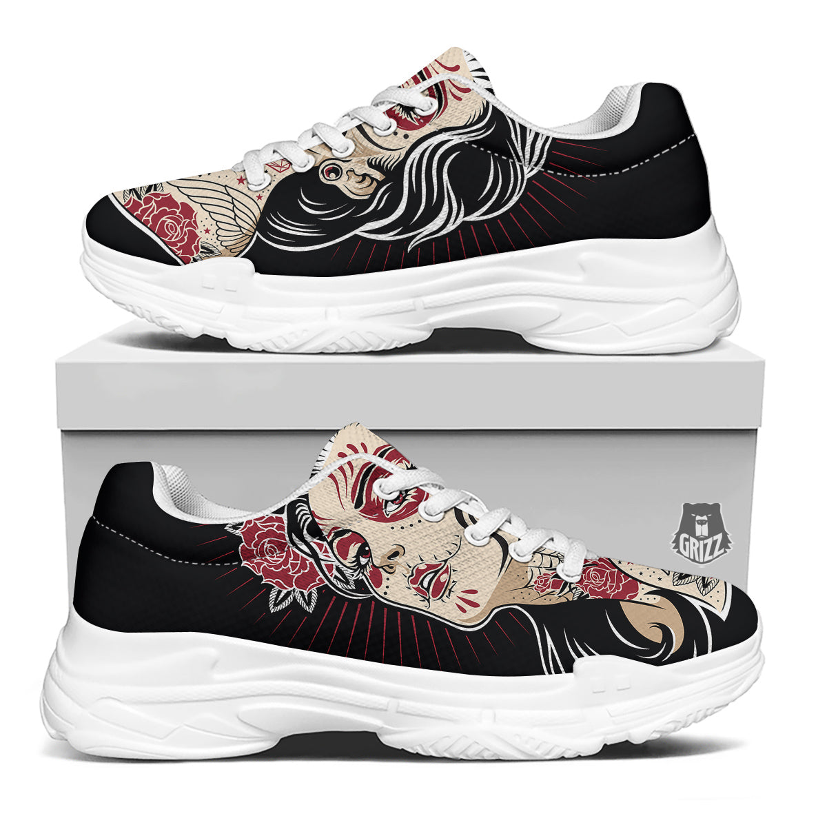 Day of The Dead Calavera Girl Print White Chunky Shoes-grizzshop