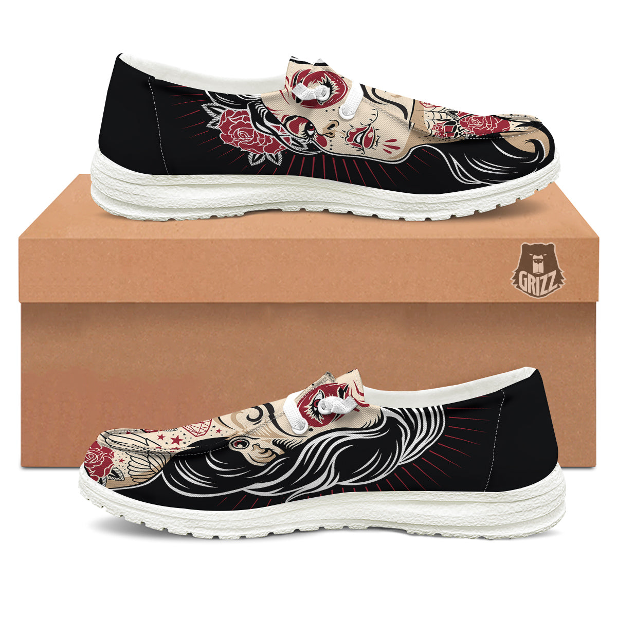 Day of The Dead Calavera Girl Print White Loafers-grizzshop