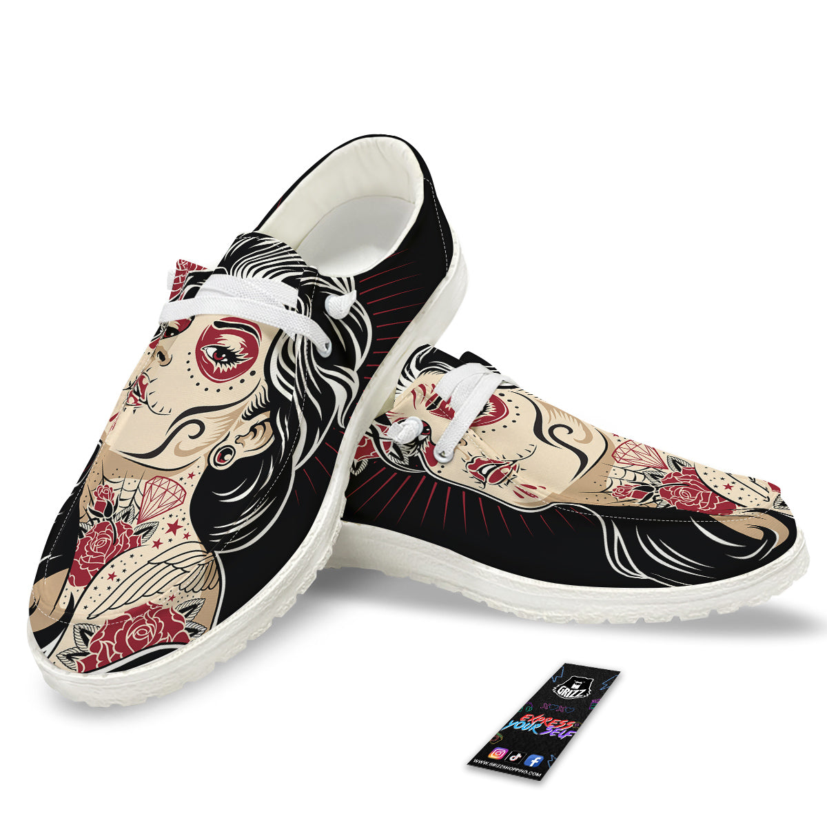 Day of The Dead Calavera Girl Print White Loafers-grizzshop