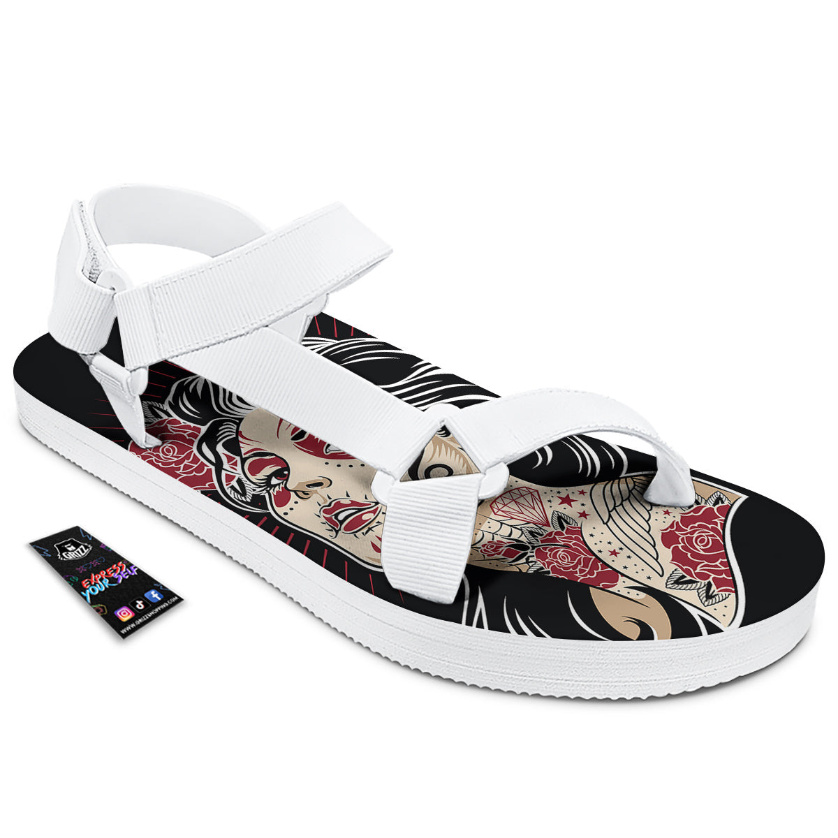 Day of The Dead Calavera Girl Print White Open Toe Sandals-grizzshop