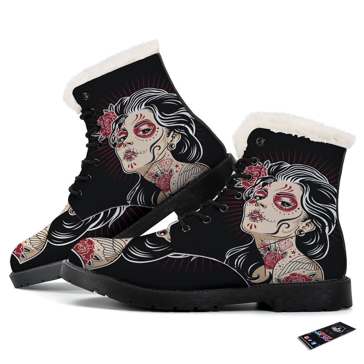 Day of The Dead Calavera Girl Print Winter Boots-grizzshop