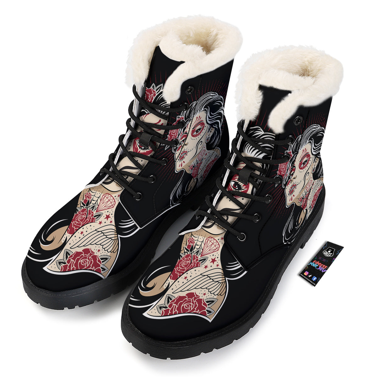 Day of The Dead Calavera Girl Print Winter Boots-grizzshop