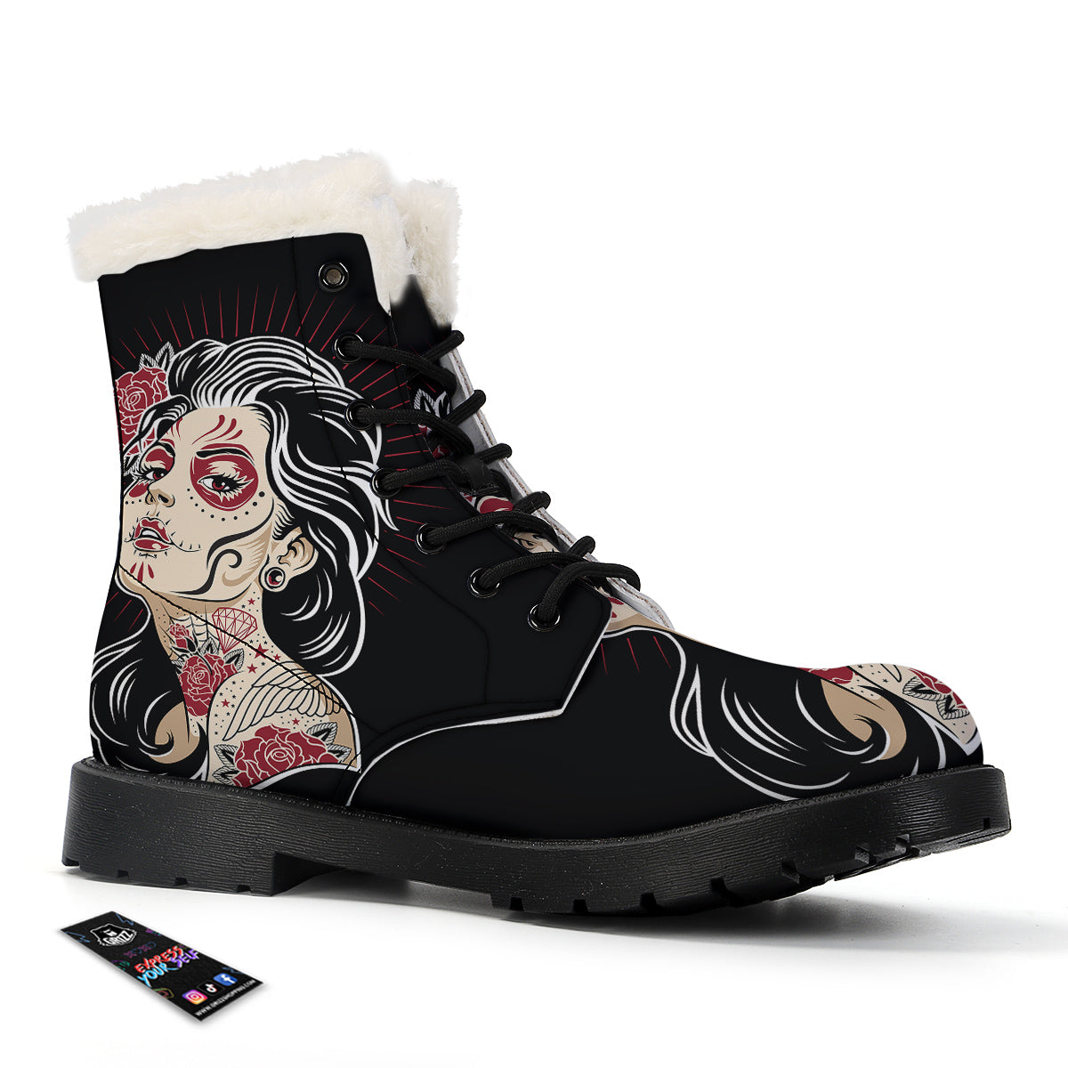 Day of The Dead Calavera Girl Print Winter Boots-grizzshop