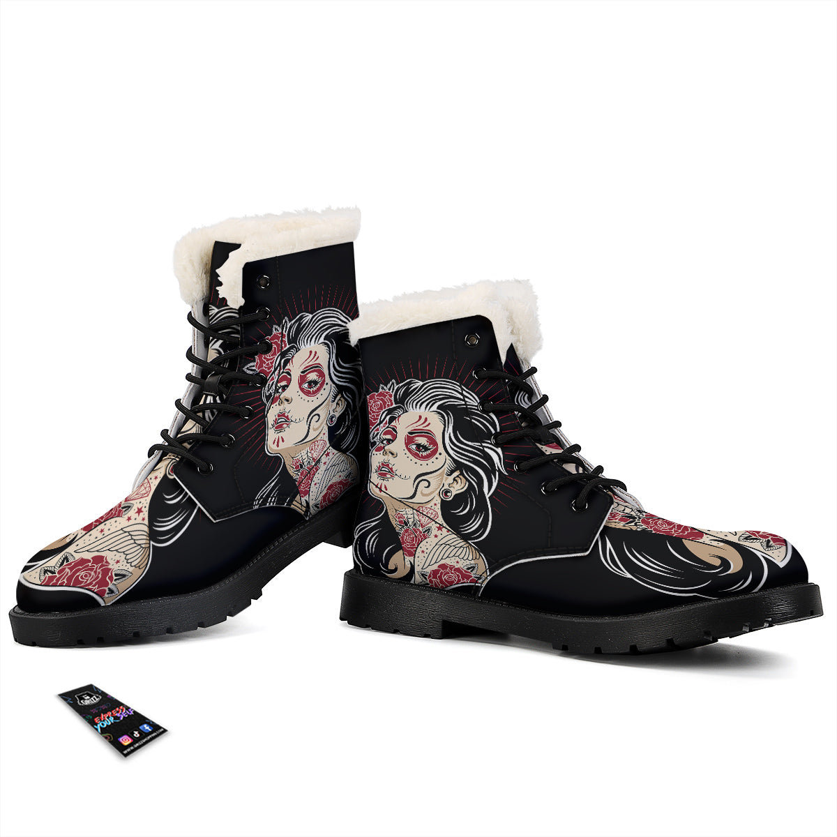 Day of The Dead Calavera Girl Print Winter Boots-grizzshop