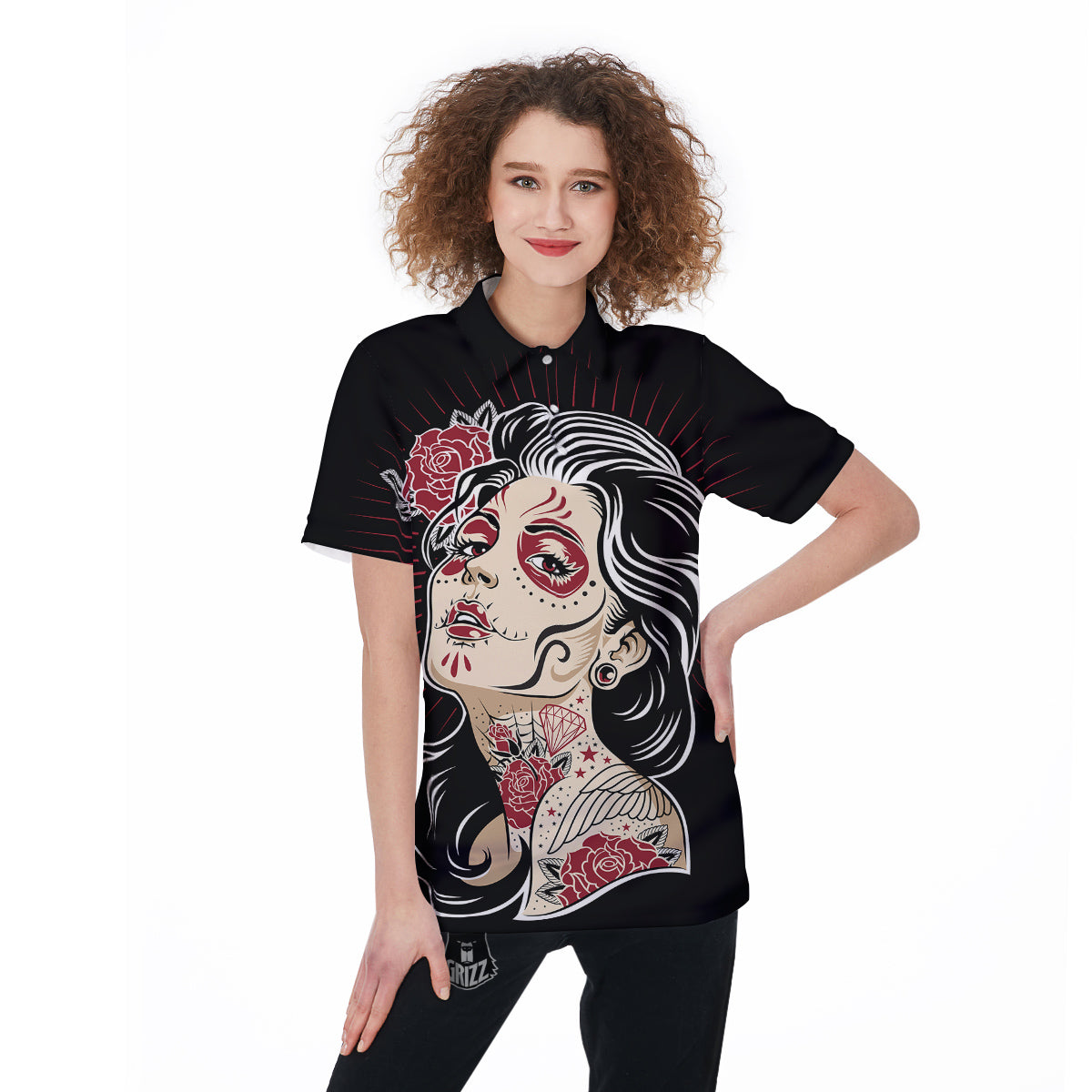Day of The Dead Calavera Girl Print Women's Golf Shirts-grizzshop