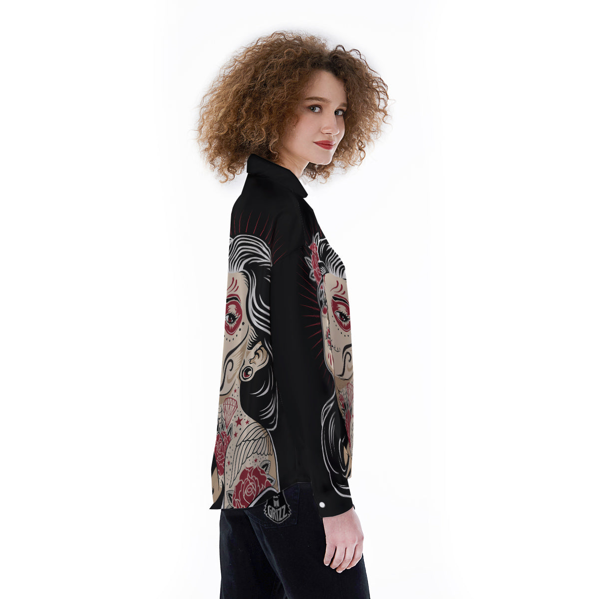 Day of The Dead Calavera Girl Print Women's Long Sleeve Shirts-grizzshop