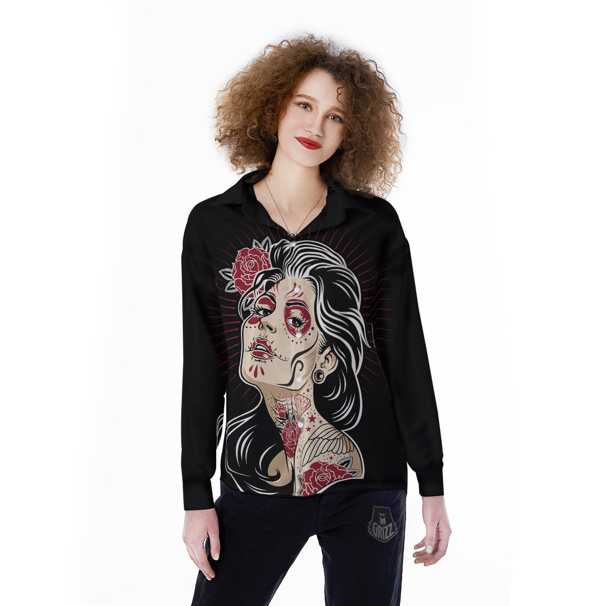 Day of The Dead Calavera Girl Print Women's Long Sleeve Shirts-grizzshop