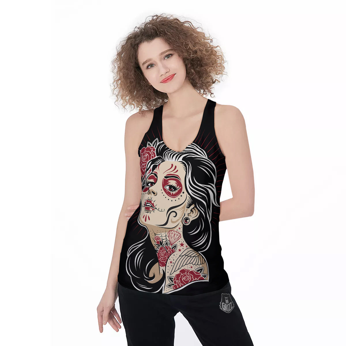 Day of The Dead Calavera Girl Print Women's Racerback Tank Top-grizzshop