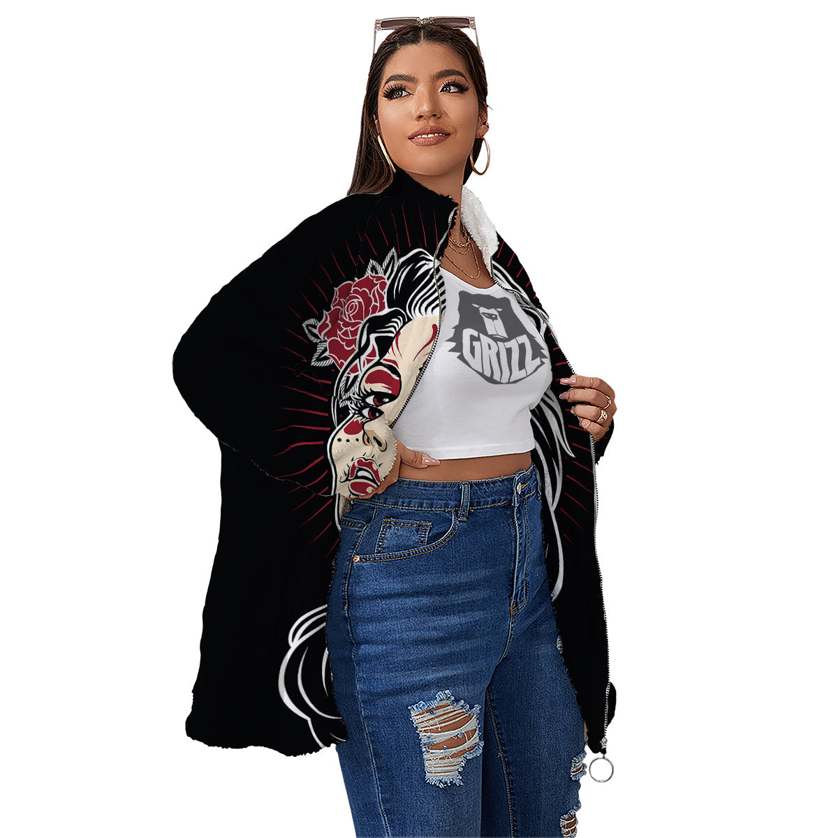 Day of The Dead Calavera Girl Print Women's Sherpa Jacket-grizzshop