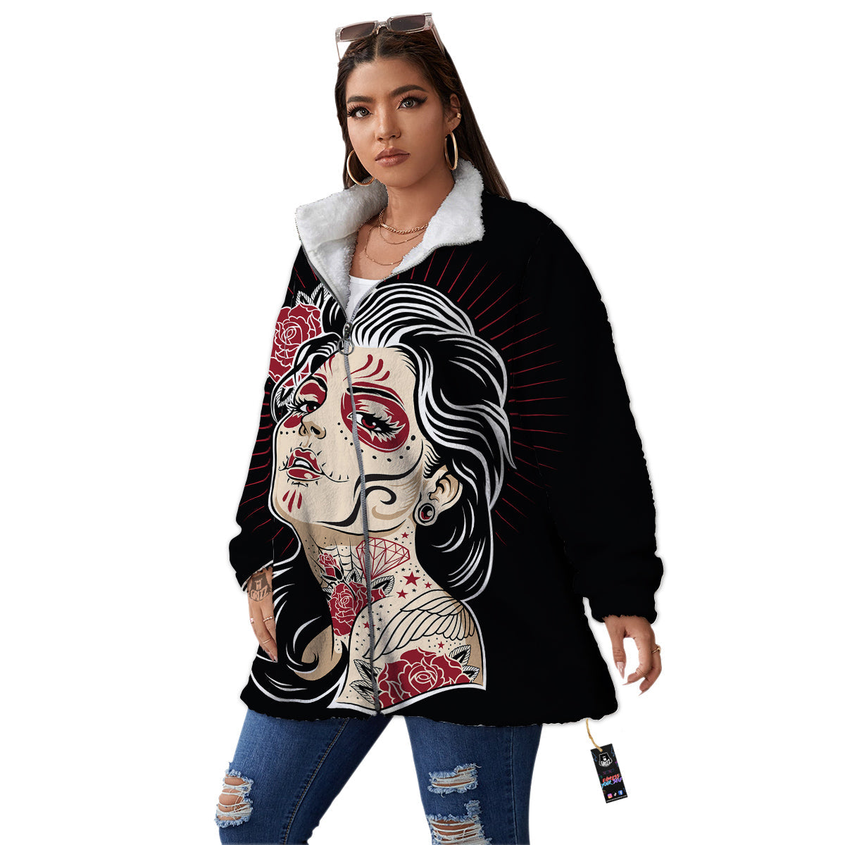 Day of The Dead Calavera Girl Print Women's Sherpa Jacket-grizzshop
