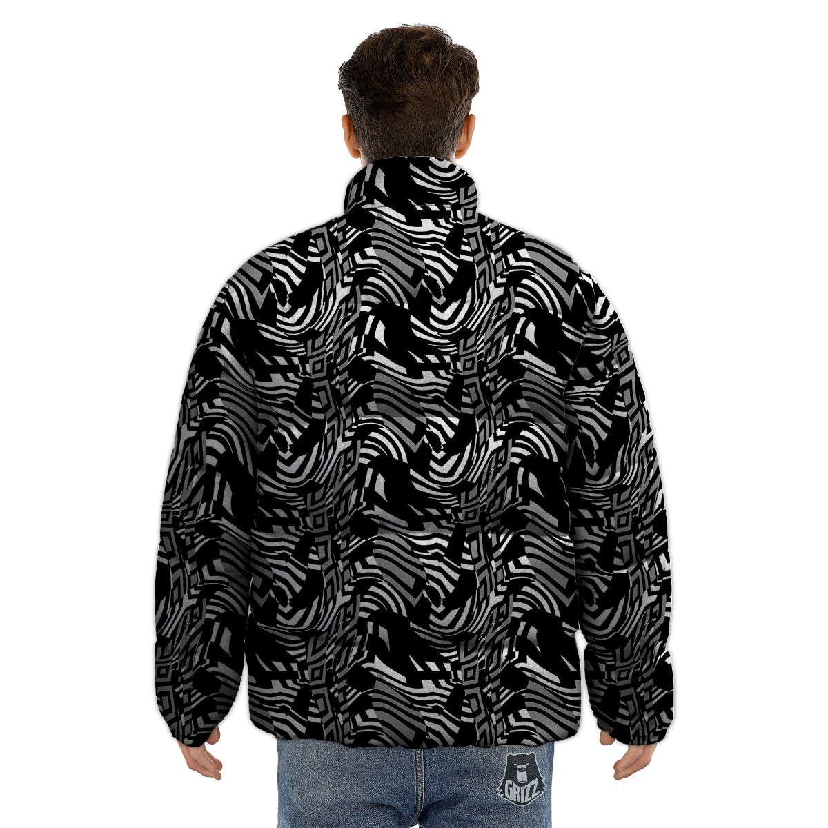 Dazzle Abstract Print Pattern Puffer Jacket-grizzshop