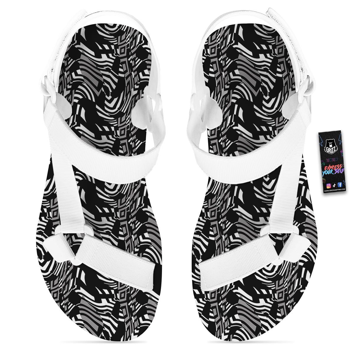 Dazzle Abstract Print Pattern White Open Toe Sandals-grizzshop