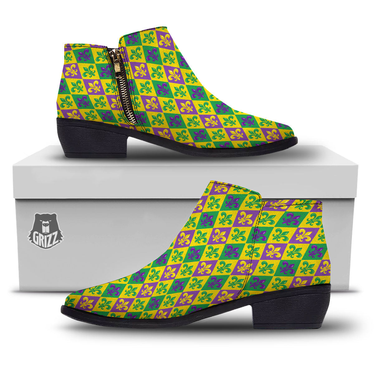 De Lis Mardi Gras Print Pattern Ankle Boots-grizzshop
