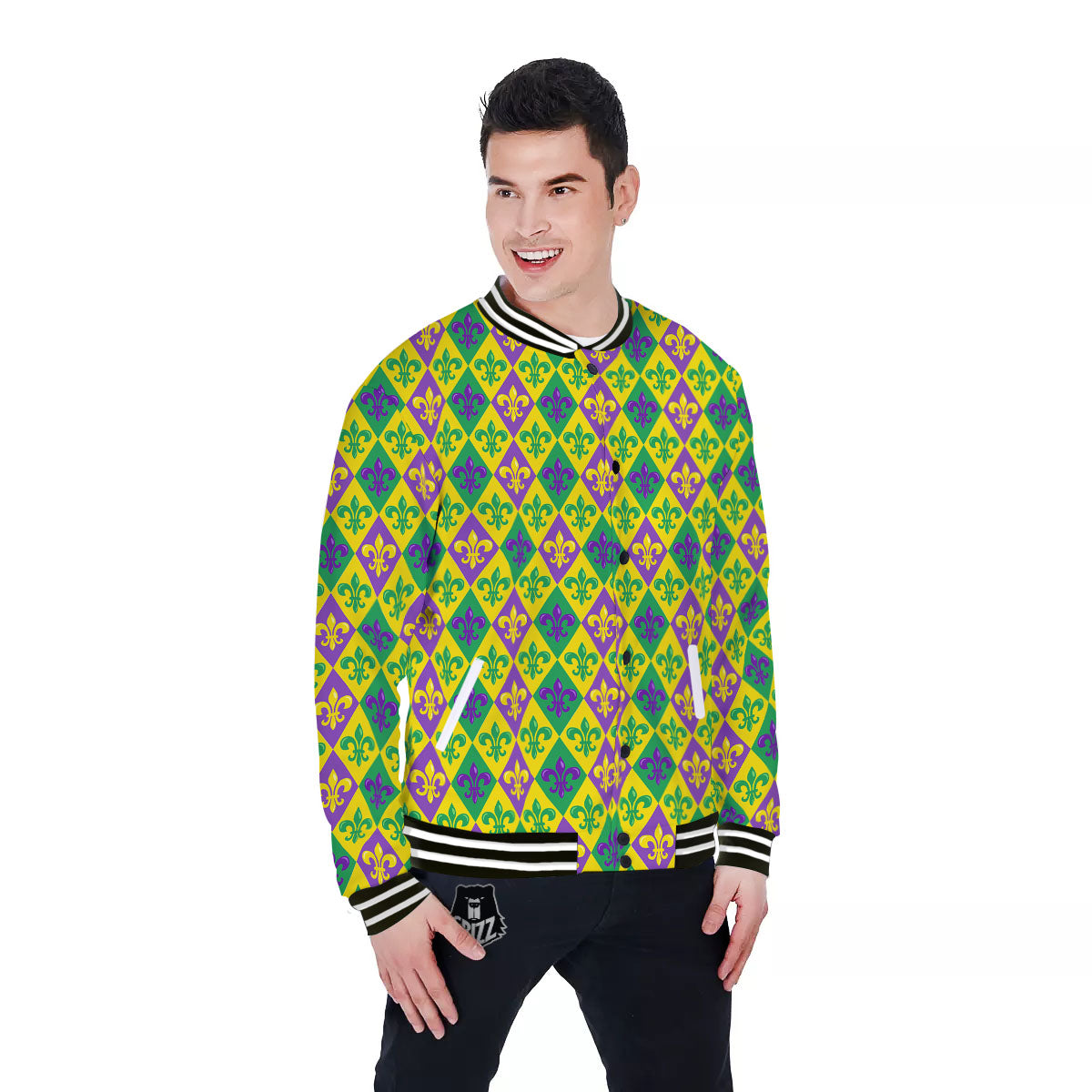 De Lis Mardi Gras Print Pattern Baseball Jacket-grizzshop