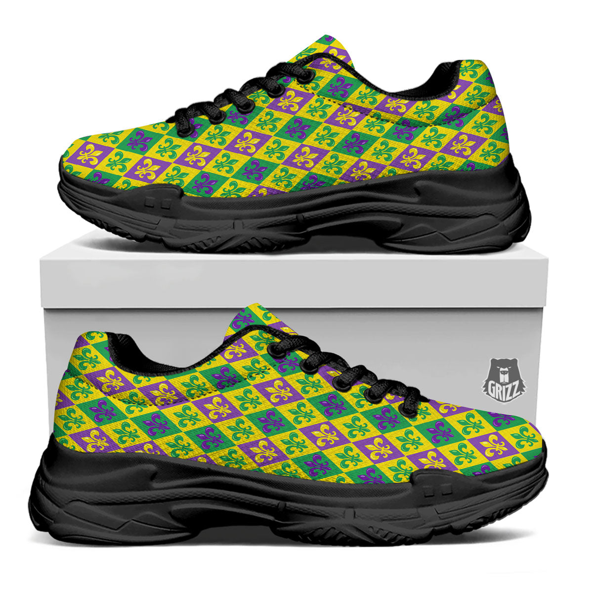 De Lis Mardi Gras Print Pattern Black Chunky Shoes-grizzshop