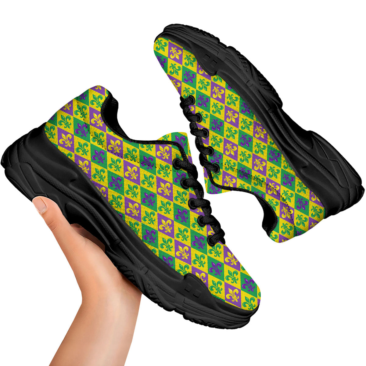 De Lis Mardi Gras Print Pattern Black Chunky Shoes-grizzshop