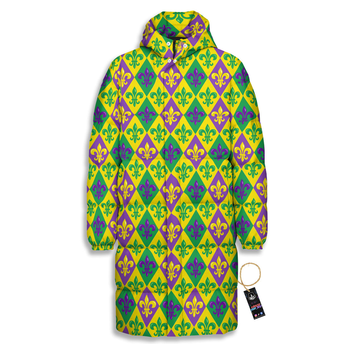 De Lis Mardi Gras Print Pattern Long Down Jacket-grizzshop