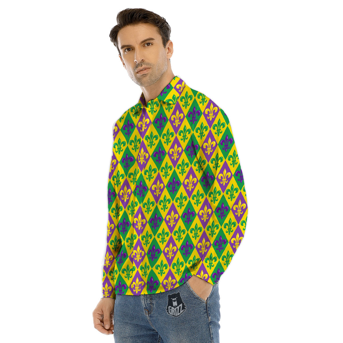 De Lis Mardi Gras Print Pattern Men's Dress Shirts-grizzshop