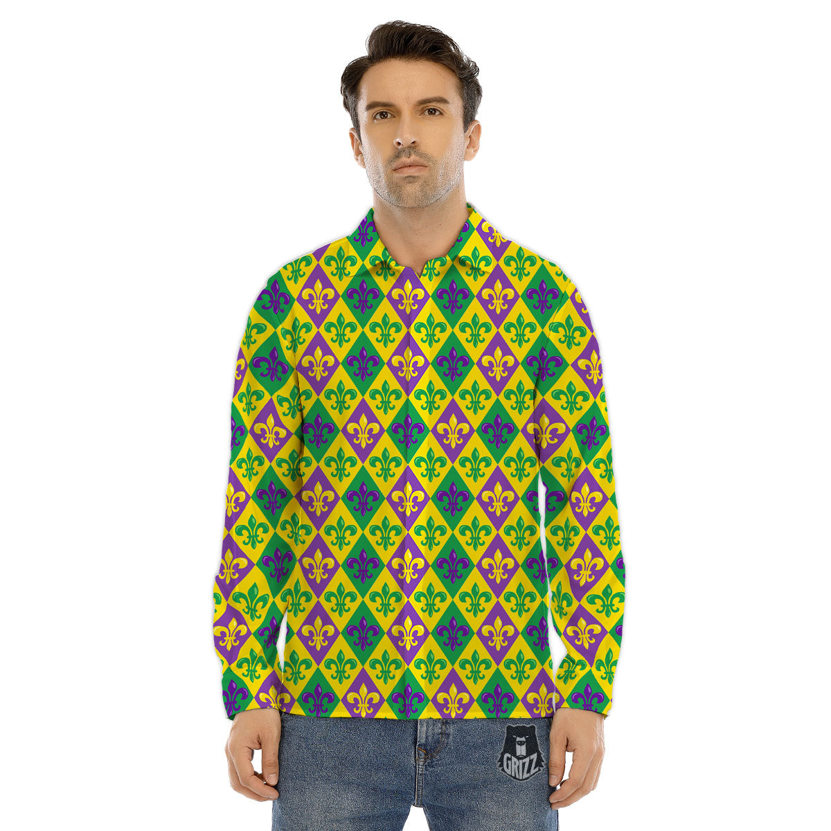 De Lis Mardi Gras Print Pattern Men's Dress Shirts-grizzshop