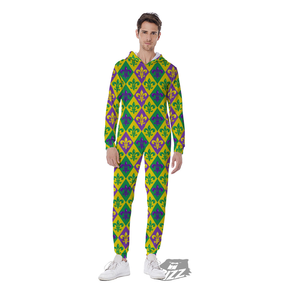 De Lis Mardi Gras Print Pattern Men's Jumpsuit-grizzshop