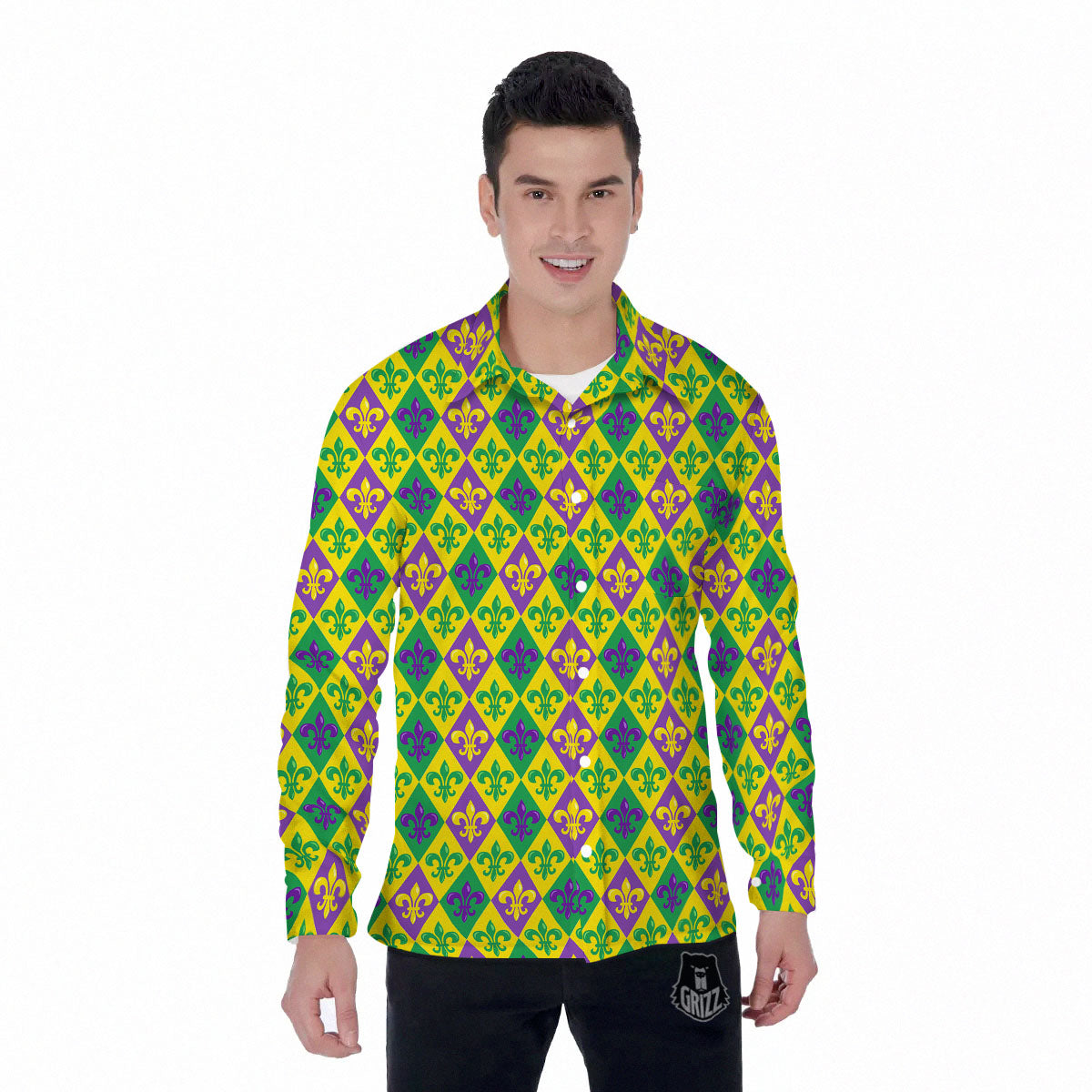 De Lis Mardi Gras Print Pattern Men's Long Sleeve Shirts-grizzshop