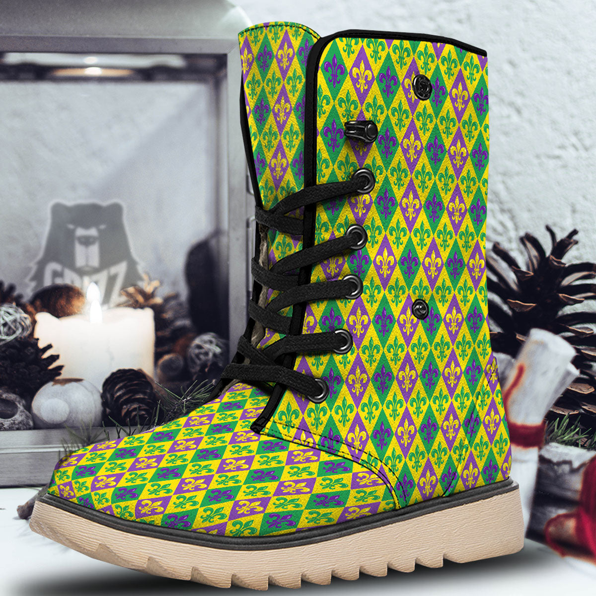 De Lis Mardi Gras Print Pattern Snow Boots-grizzshop