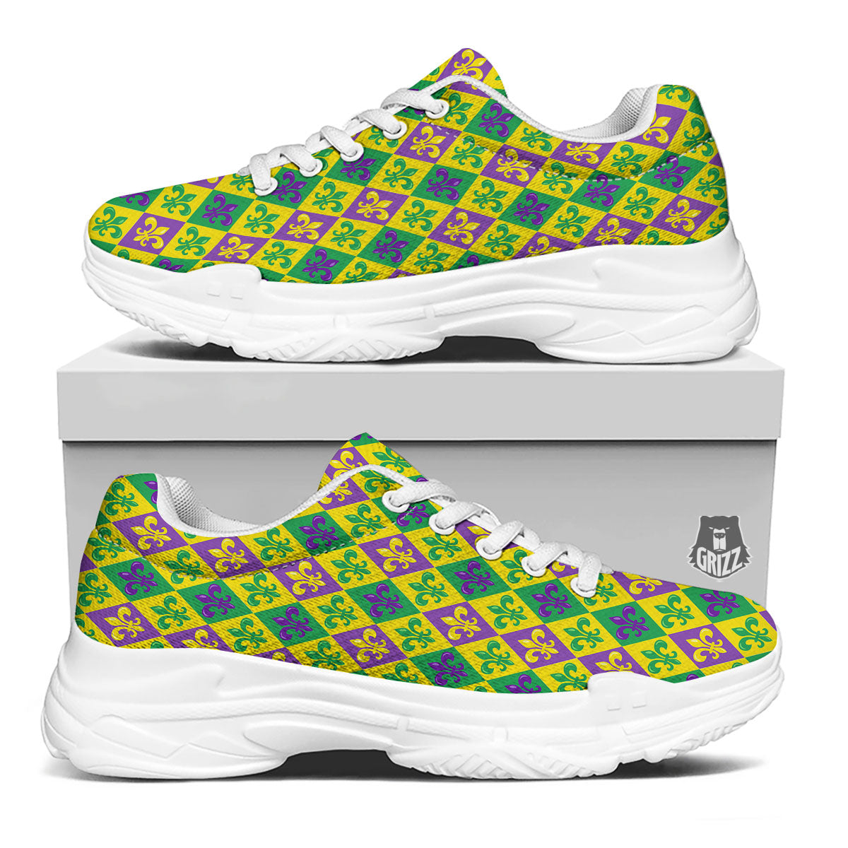 De Lis Mardi Gras Print Pattern White Chunky Shoes-grizzshop