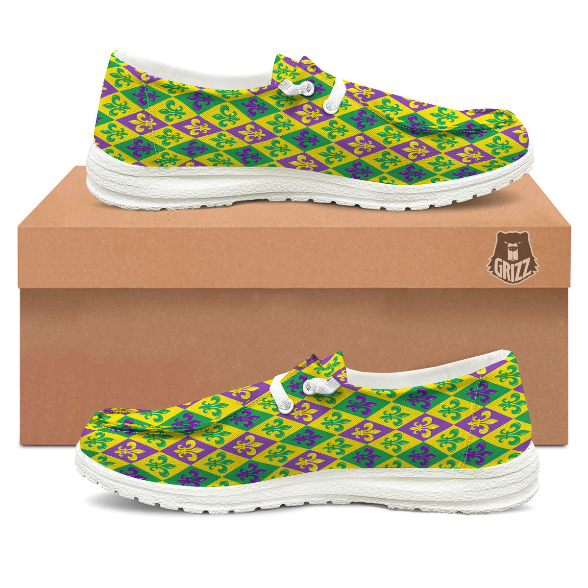 De Lis Mardi Gras Print Pattern White Loafers-grizzshop
