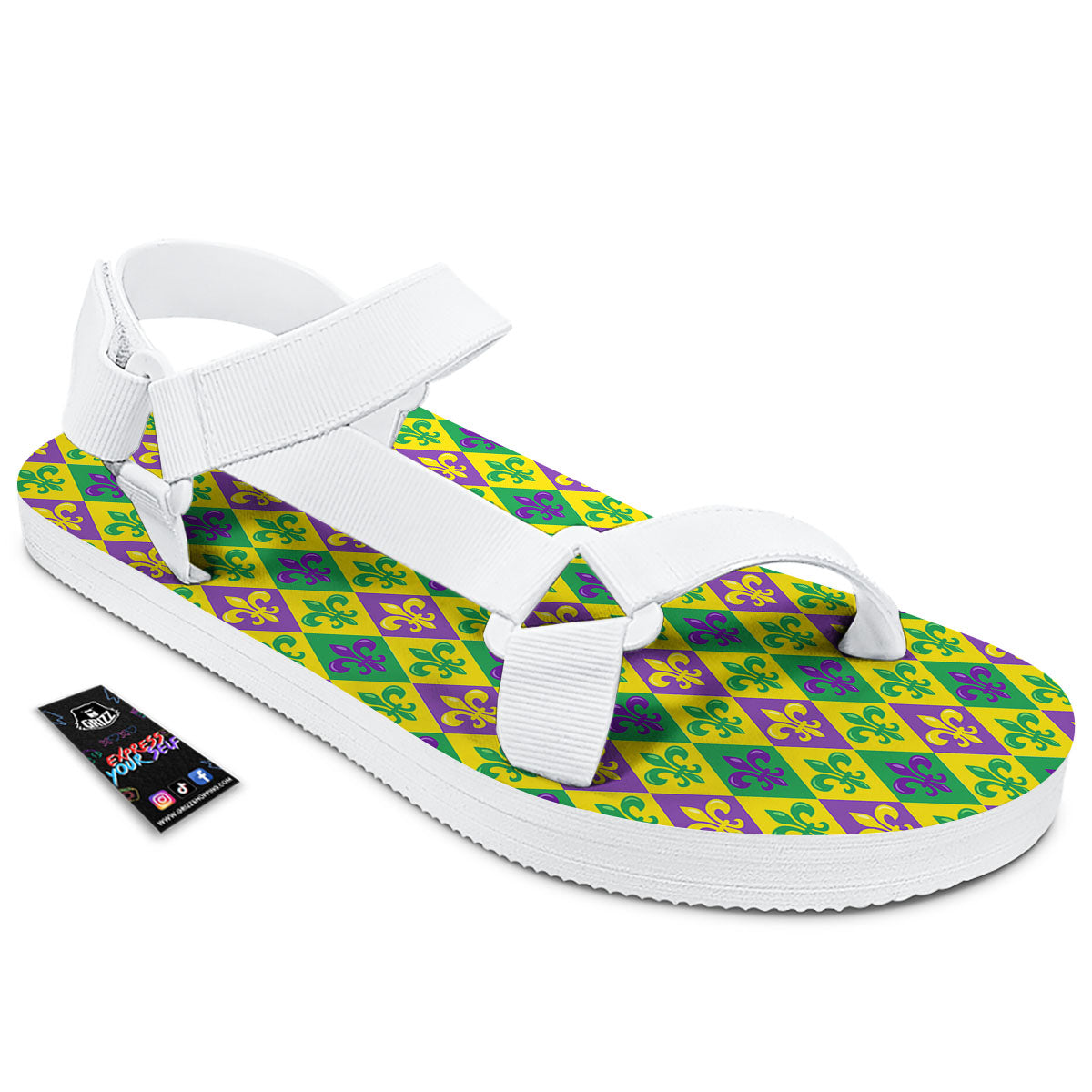 De Lis Mardi Gras Print Pattern White Open Toe Sandals-grizzshop