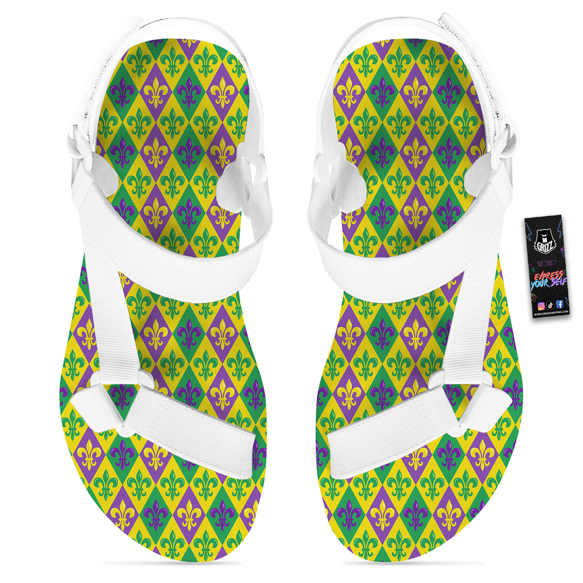 De Lis Mardi Gras Print Pattern White Open Toe Sandals-grizzshop