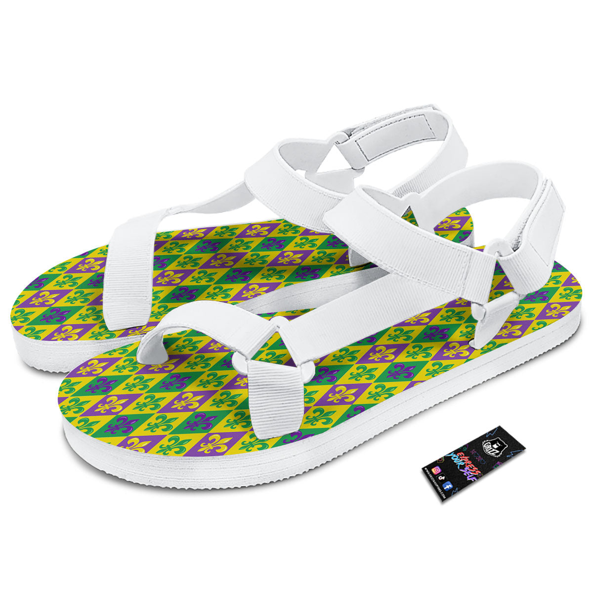 De Lis Mardi Gras Print Pattern White Open Toe Sandals-grizzshop