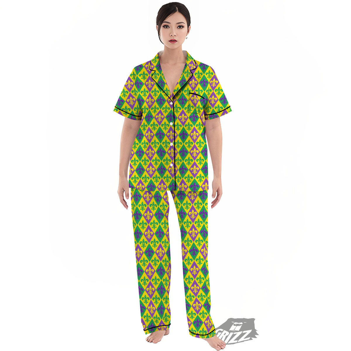 De Lis Mardi Gras Print Pattern Women's Pajamas Set-grizzshop