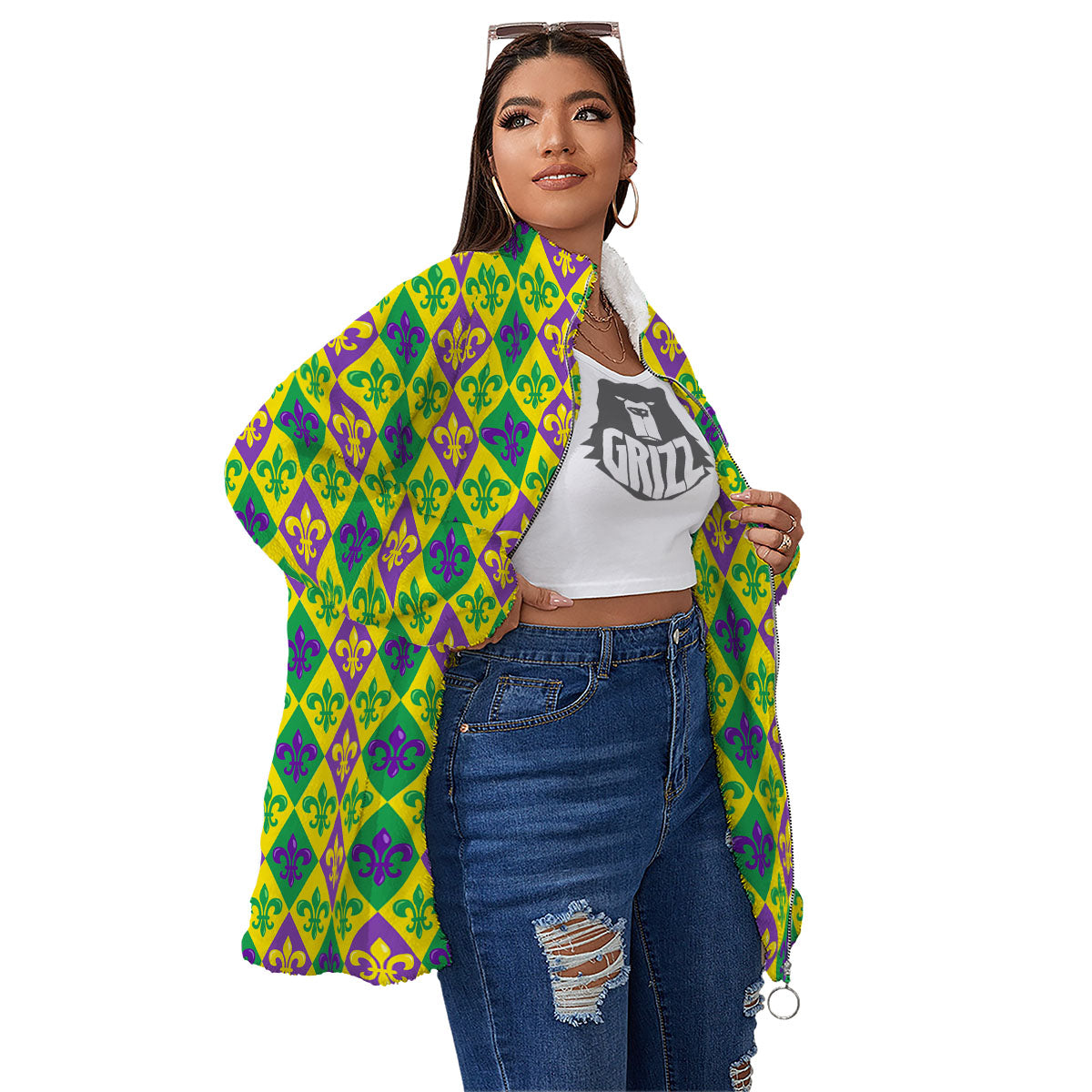 De Lis Mardi Gras Print Pattern Women's Sherpa Jacket-grizzshop