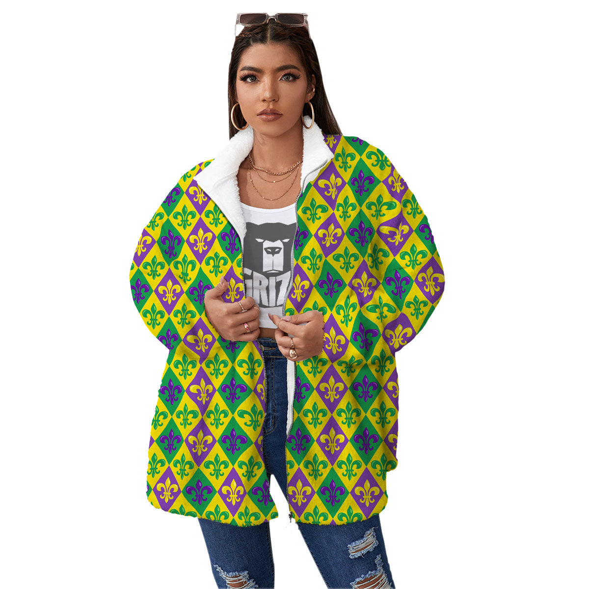 De Lis Mardi Gras Print Pattern Women's Sherpa Jacket-grizzshop
