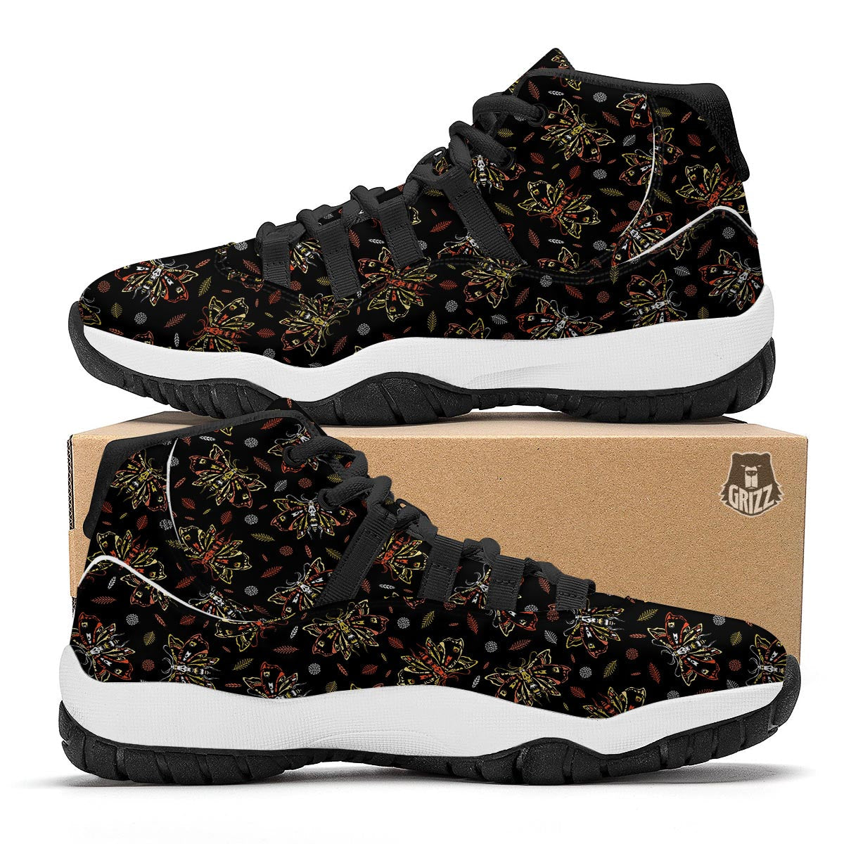 Dead Head Moth Pattern Black Bball Shoes-grizzshop