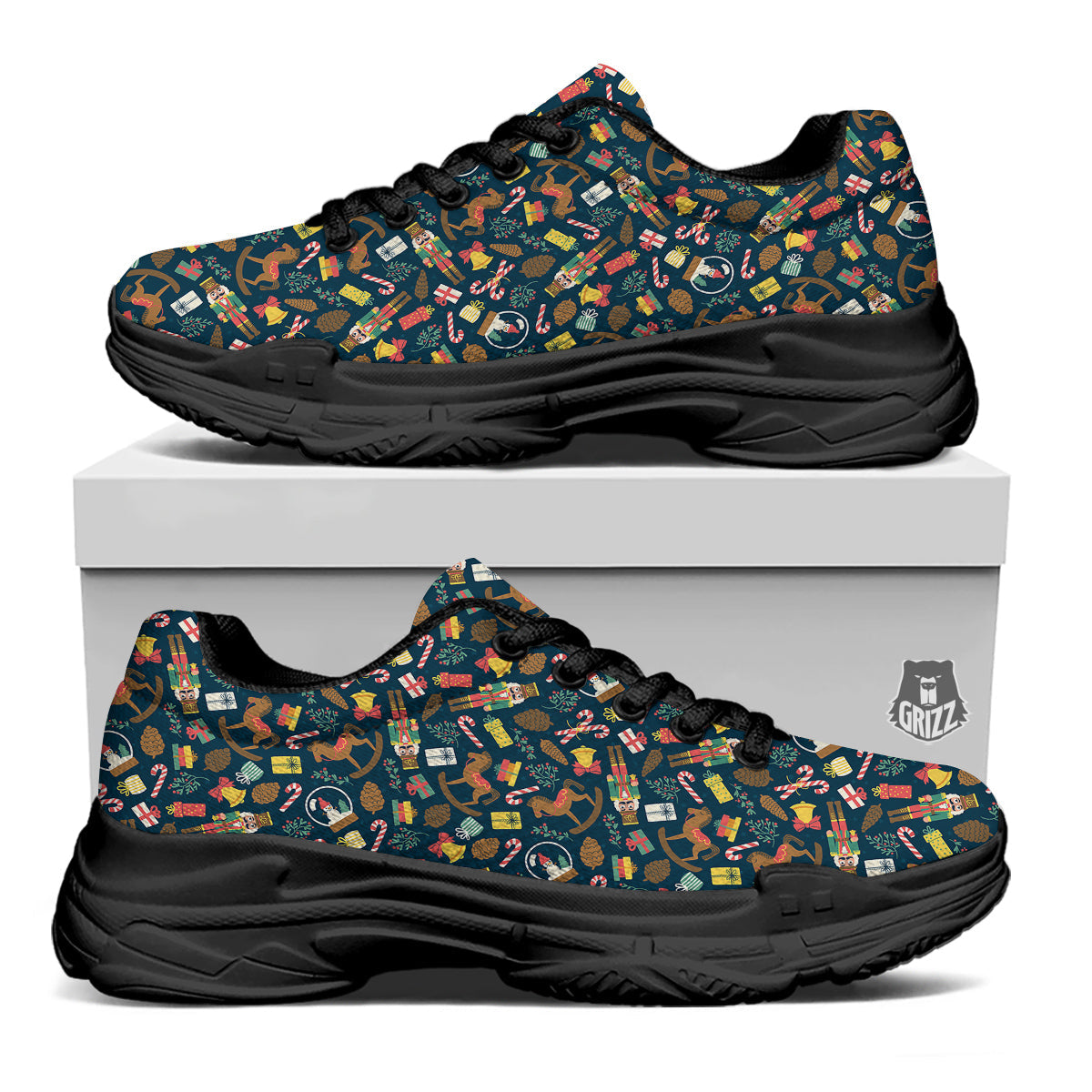 Decorations Christmas Print Pattern Black Chunky Shoes-grizzshop