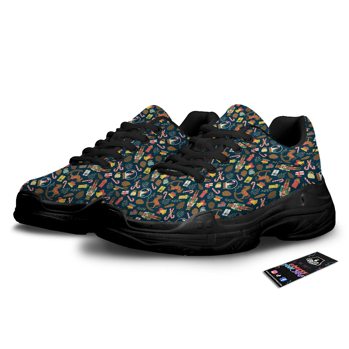 Decorations Christmas Print Pattern Black Chunky Shoes-grizzshop