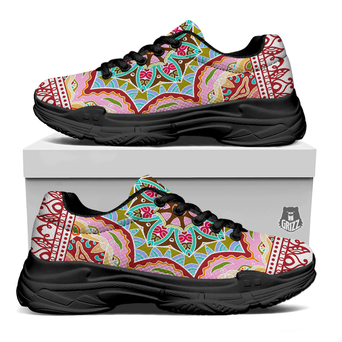 Decorative Colorful Ornament Tribal Ethnic Print Black Chunky Shoes-grizzshop