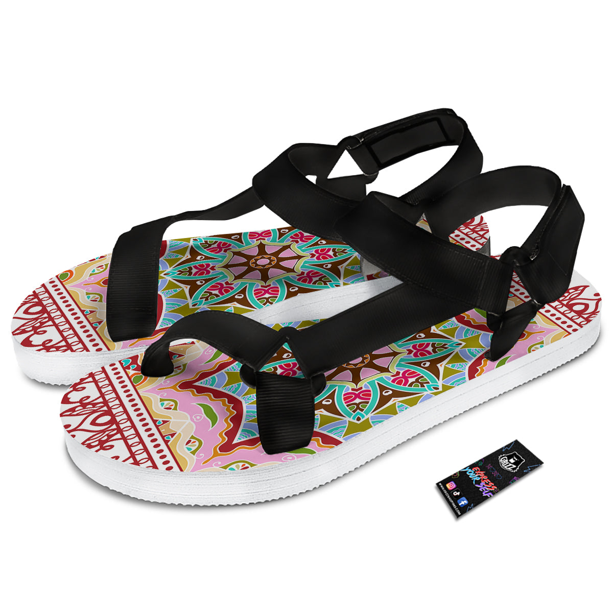 Decorative Colorful Ornament Tribal Ethnic Print Black Open Toe Sandals-grizzshop