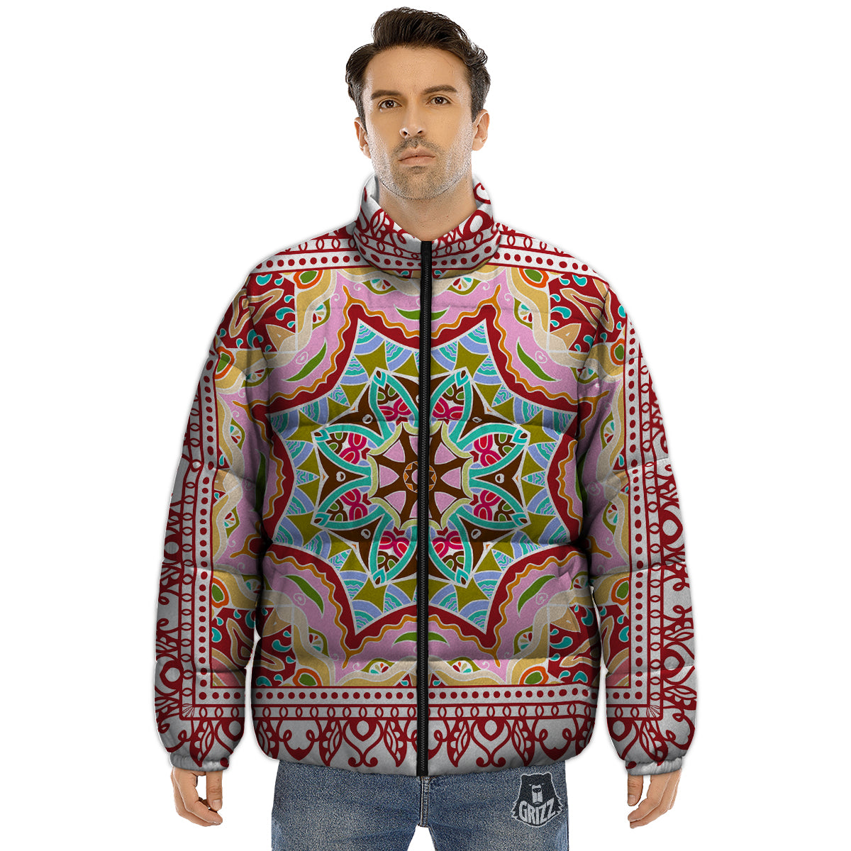 Decorative Colorful Ornament Tribal Ethnic Print Puffer Jacket-grizzshop