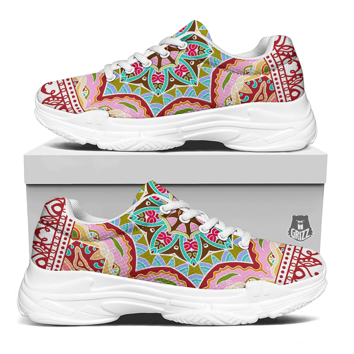 Decorative Colorful Ornament Tribal Ethnic Print White Chunky Shoes-grizzshop
