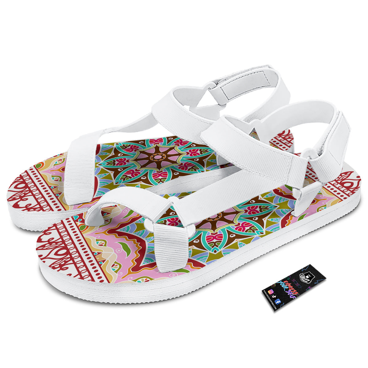 Decorative Colorful Ornament Tribal Ethnic Print White Open Toe Sandals-grizzshop