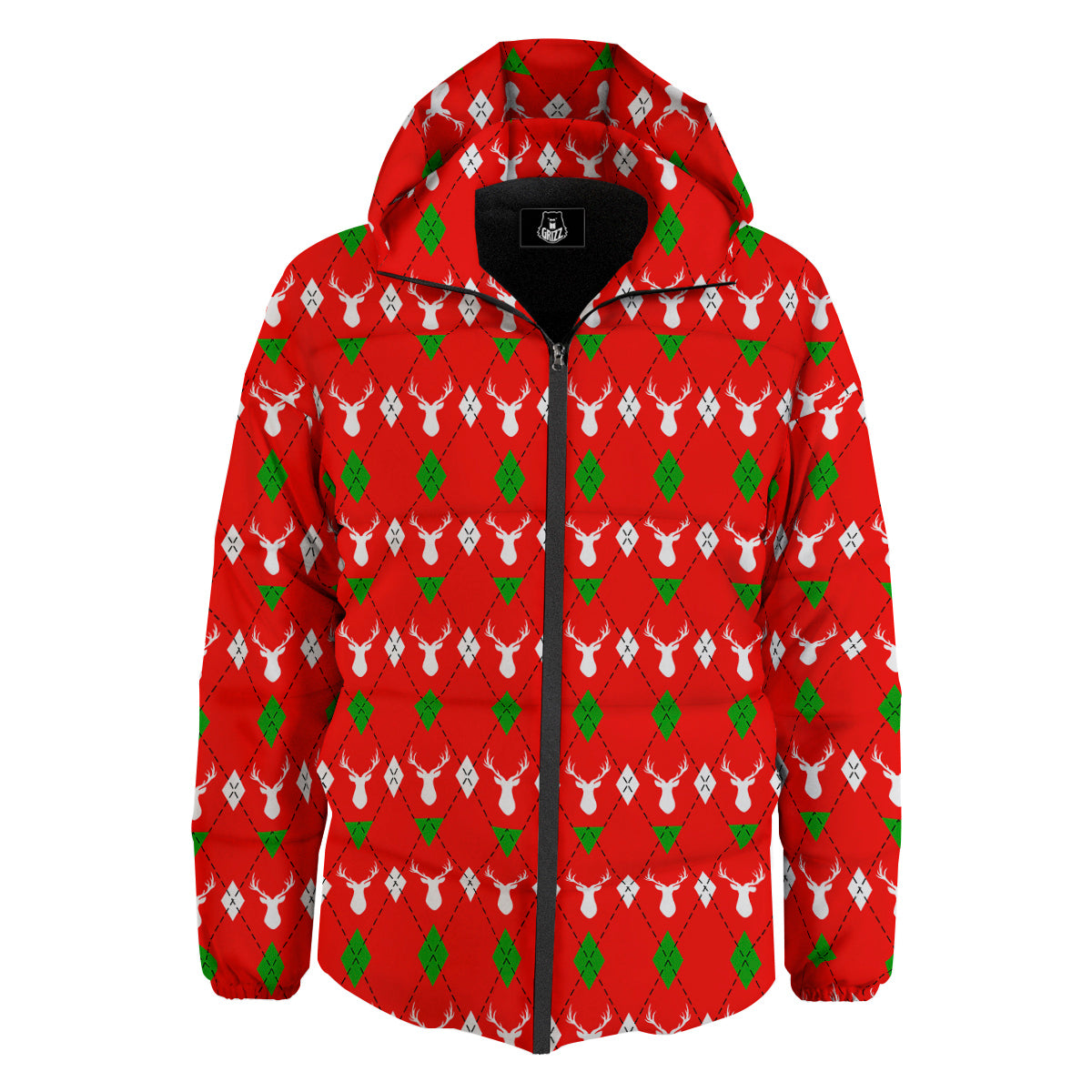 Deer Argyle Christmas Print Pattern Down Jacket-grizzshop