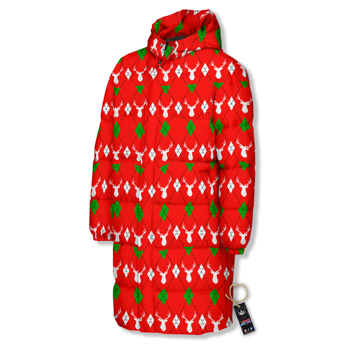Deer Argyle Christmas Print Pattern Long Down Jacket-grizzshop