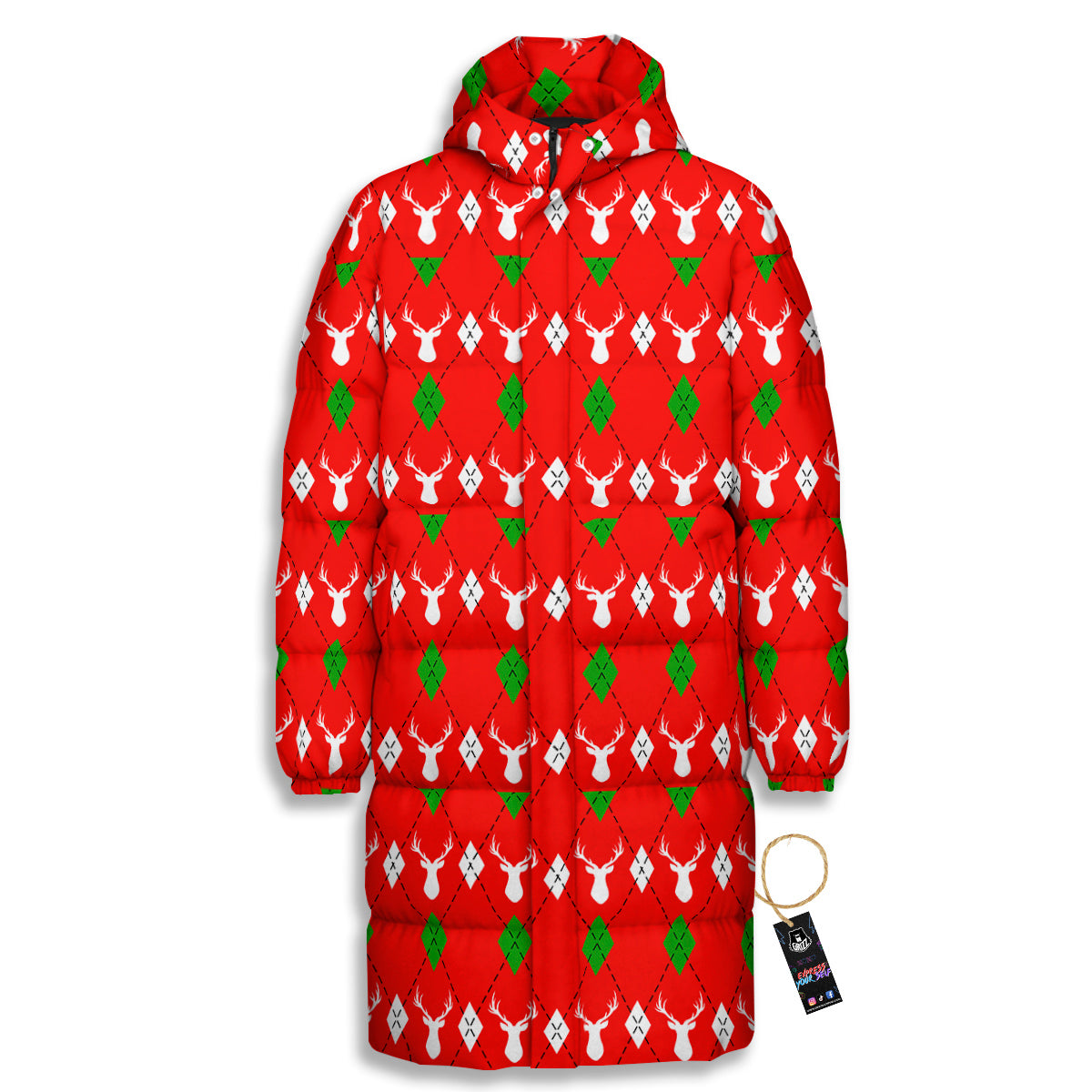 Deer Argyle Christmas Print Pattern Long Down Jacket-grizzshop